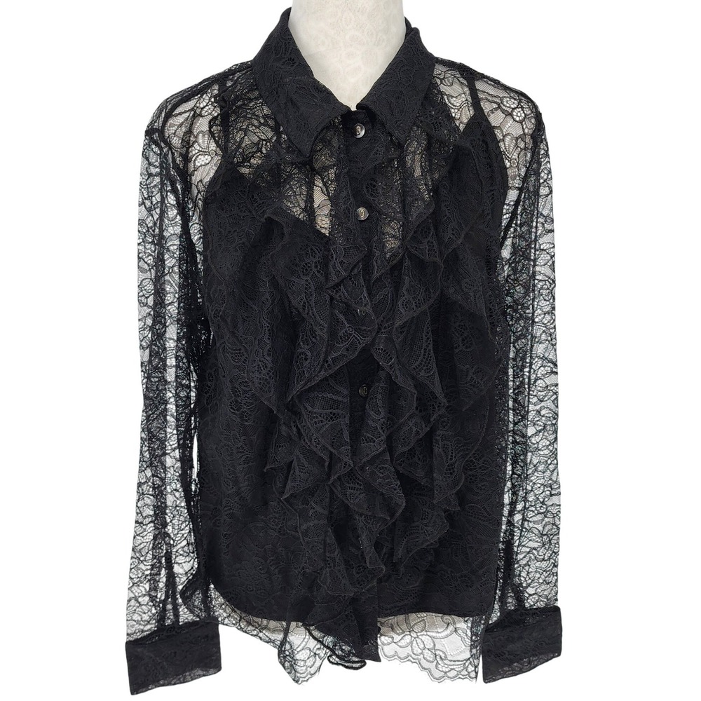Dee Ocleppo Ruffle Lace Blouse Women Large Black New Sheer Floral Romantic Top